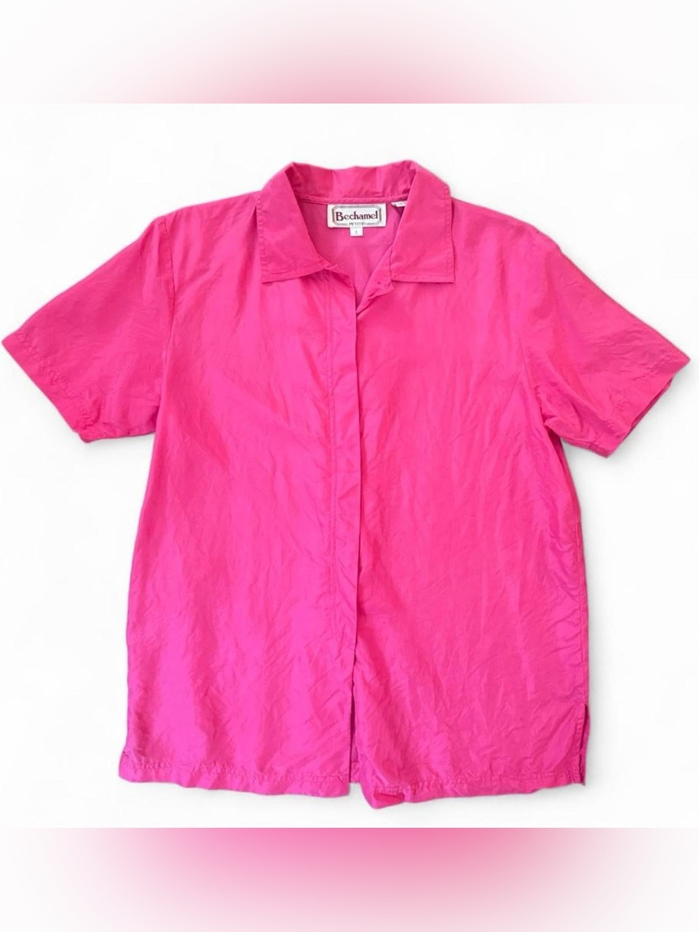 Vintage Bechamel Petites Silk hot pink boxy button up short sleeve top summer
